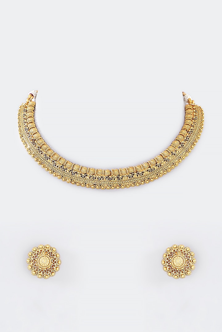 Gold Finish Kundan Polki Temple Necklace Set by VASTRAA Jewellery at Pernia's Pop Up Shop