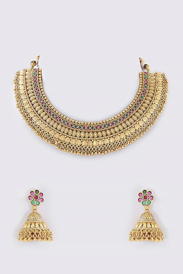 Gold Finish Kundan Polki Temple Necklace Set by VASTRAA Jewellery at Pernia's Pop Up Shop