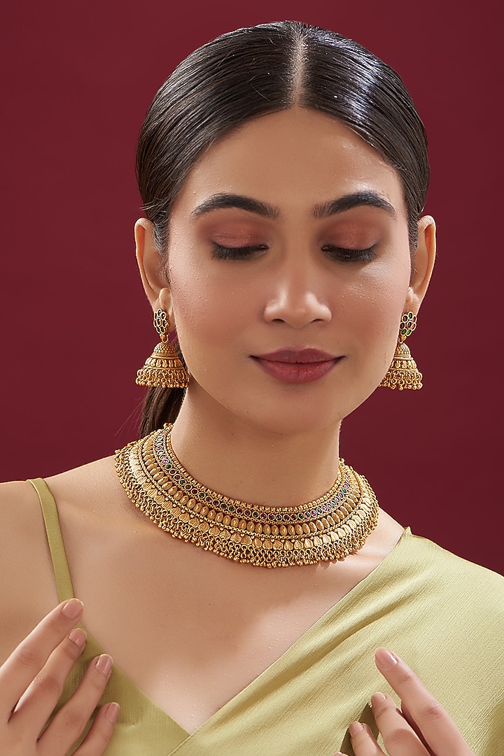 Gold Finish Kundan Polki Temple Necklace Set by VASTRAA Jewellery at Pernia's Pop Up Shop