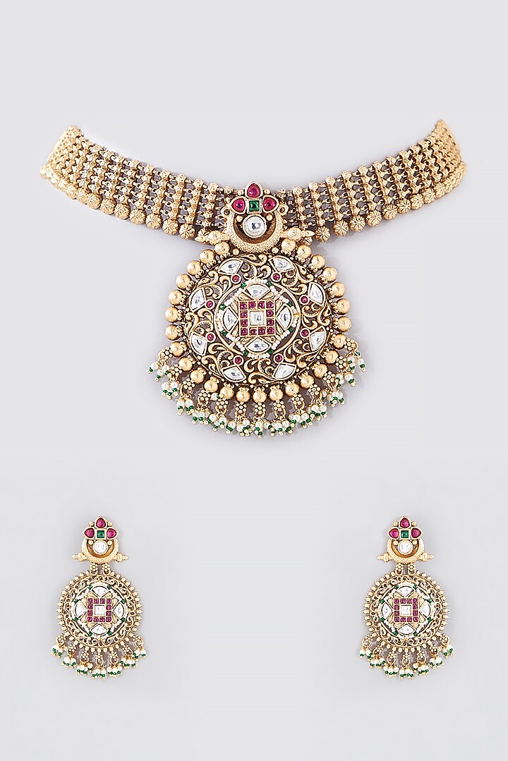 Gold Finish Kundan Polki Temple Choker Necklace Set by VASTRAA Jewellery at Pernia's Pop Up Shop