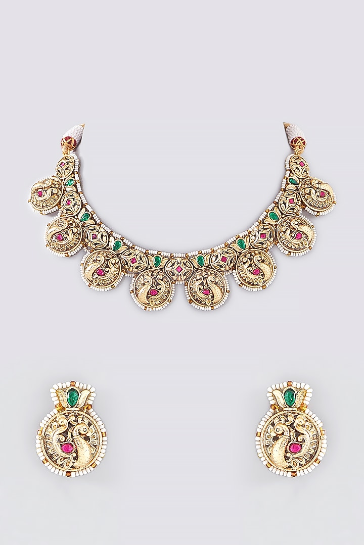 Gold Finish Kundan Polki Temple Necklace Set by VASTRAA Jewellery at Pernia's Pop Up Shop