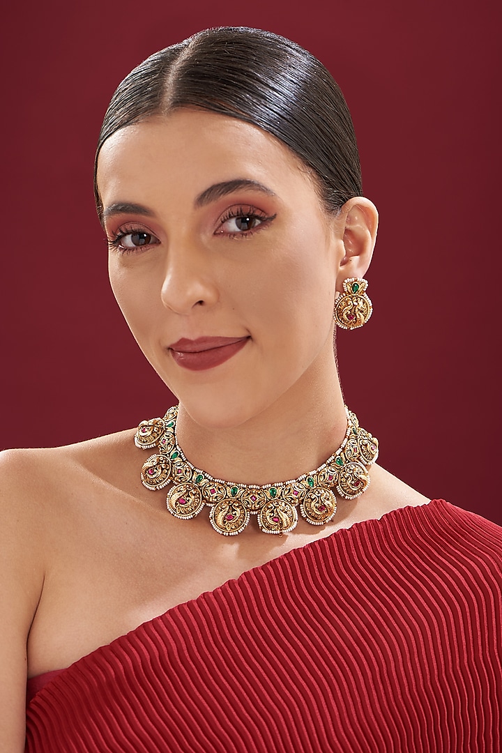 Gold Finish Kundan Polki Temple Necklace Set by VASTRAA Jewellery at Pernia's Pop Up Shop