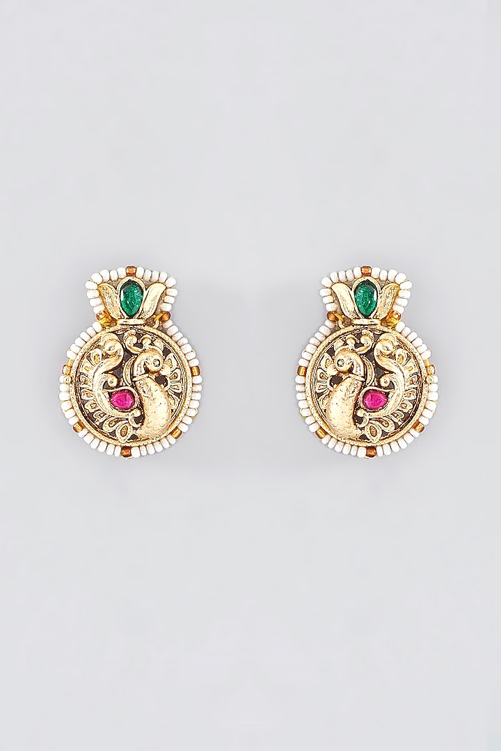 Gold Finish Kundan Polki Temple Necklace Set by VASTRAA Jewellery at Pernia's Pop Up Shop
