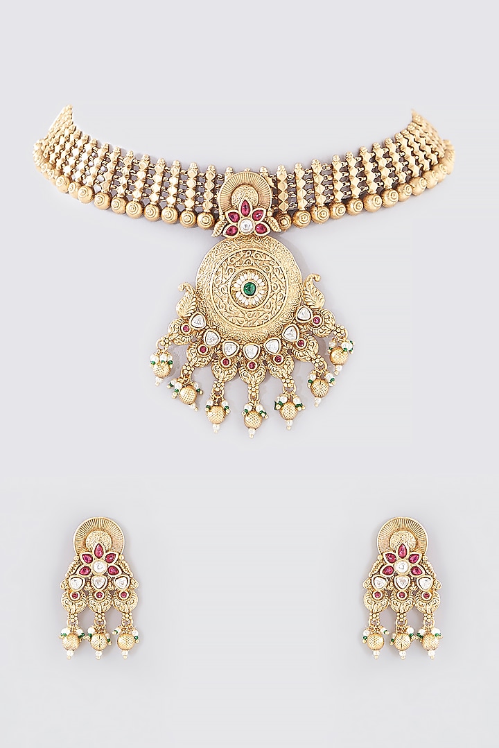 Gold Finish Kundan Polki Temple Necklace Set by VASTRAA Jewellery at Pernia's Pop Up Shop