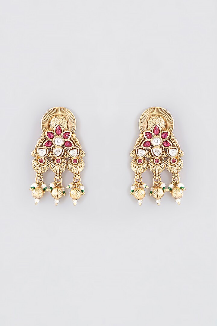 Gold Finish Kundan Polki Temple Necklace Set by VASTRAA Jewellery at Pernia's Pop Up Shop