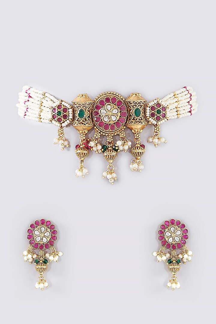 Gold Finish Kundan Polki & Pearl Choker Necklace Set by VASTRAA Jewellery at Pernia's Pop Up Shop