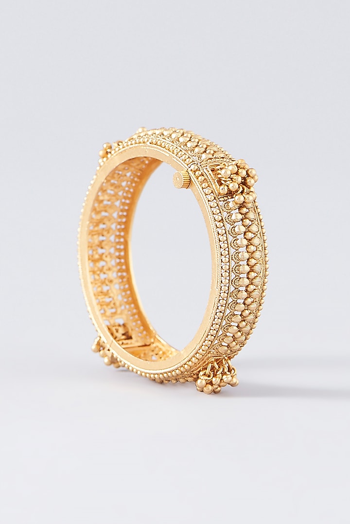 Gold Finish Kundan Polki Temple Bangles (Set Of 2) by VASTRAA Jewellery at Pernia's Pop Up Shop