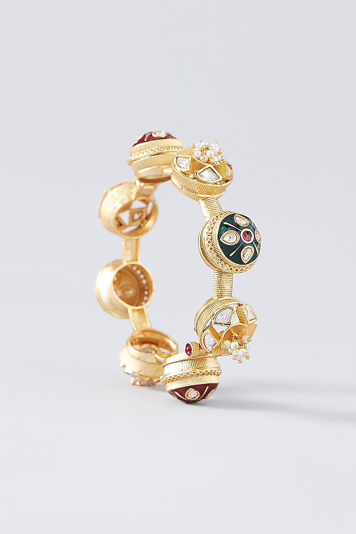 Gold Finish Kundan Polki & Multi-Colored Stone Temple Bangles (Set Of 2) by VASTRAA Jewellery at Pernia's Pop Up Shop
