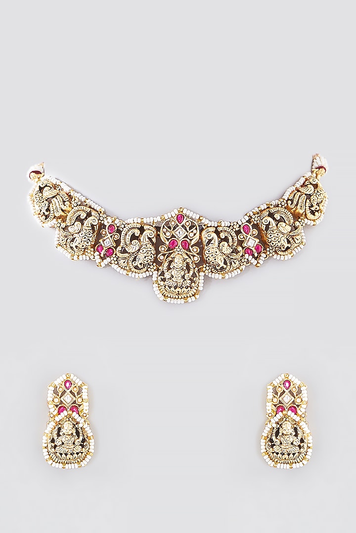 Gold Finish Kundan Polki Temple Choker Necklace Set by VASTRAA Jewellery at Pernia's Pop Up Shop