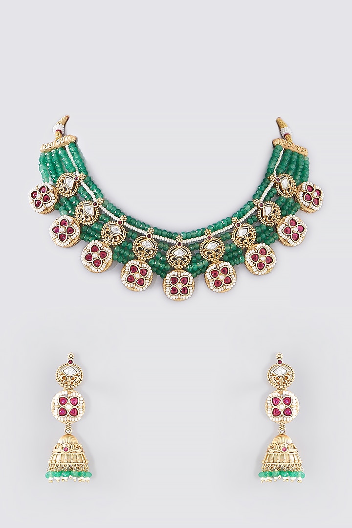 Gold Finish Kundan Polki Necklace Set by VASTRAA Jewellery at Pernia's Pop Up Shop