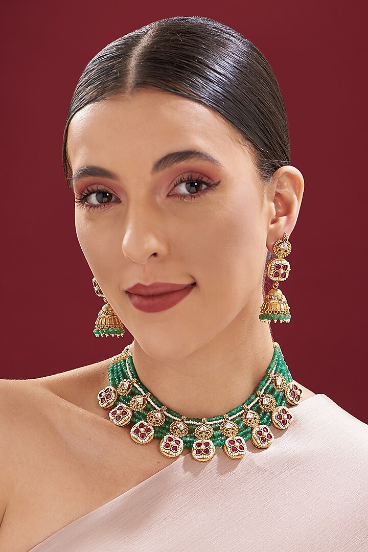 Gold Finish Kundan Polki Necklace Set by VASTRAA Jewellery at Pernia's Pop Up Shop