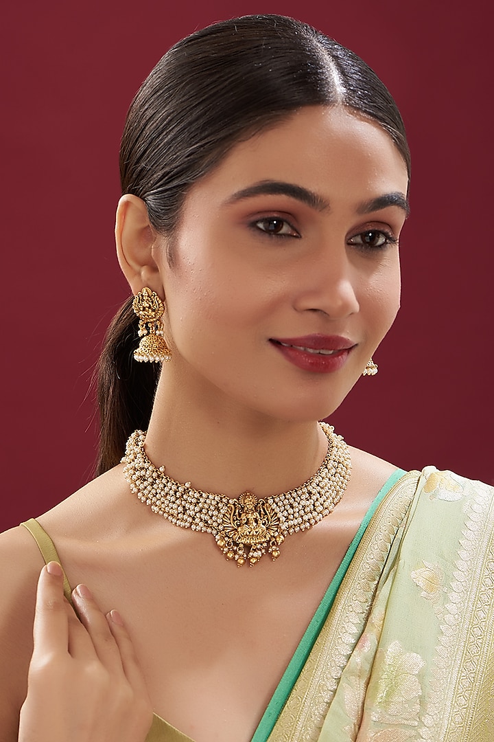 Gold Finish Pearl Temple Necklace Set by VASTRAA Jewellery