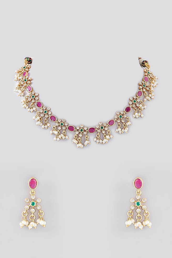 Gold Finish Kundan Polki & Red Stone Necklace Set by VASTRAA Jewellery at Pernia's Pop Up Shop