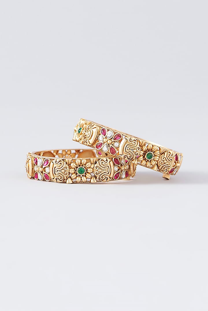 Gold Finish Kundan Polki & Multi-Colored Stone Temple Bangles (Set Of 2) by VASTRAA Jewellery