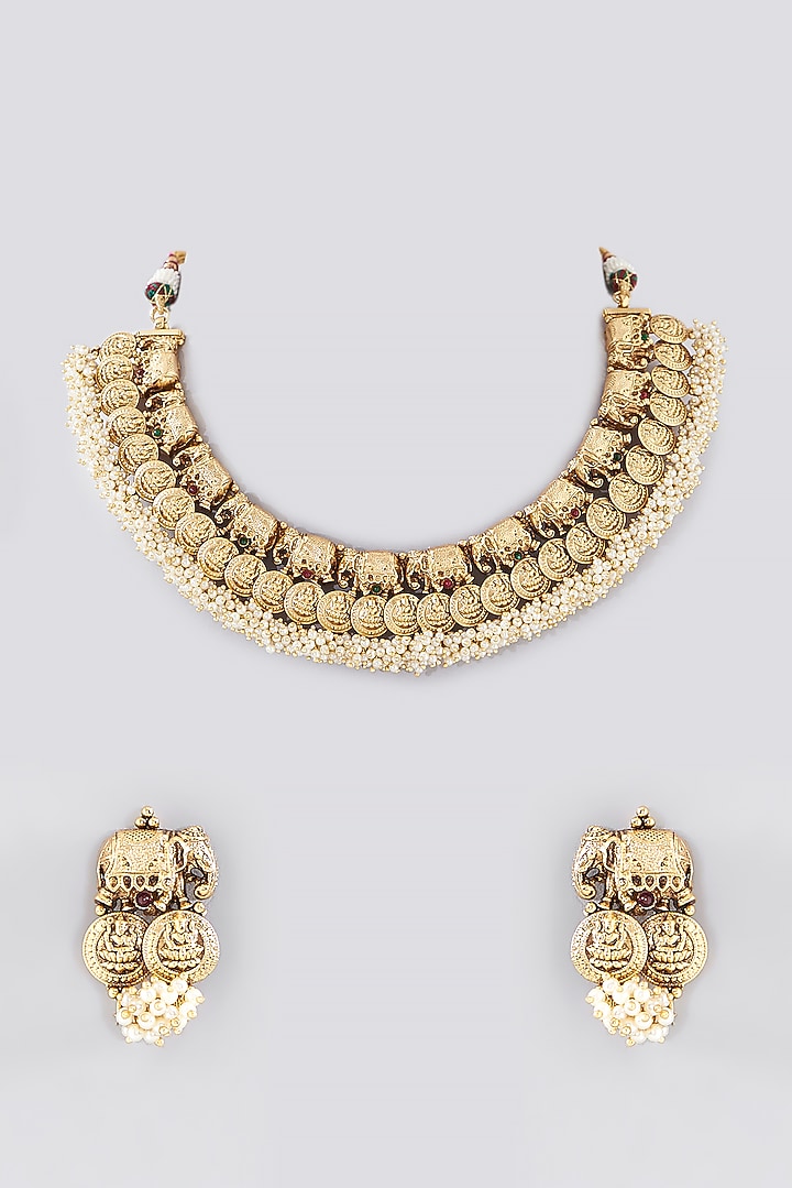 Gold Finish Pearls Temple Necklace Set by VASTRAA Jewellery at Pernia's Pop Up Shop