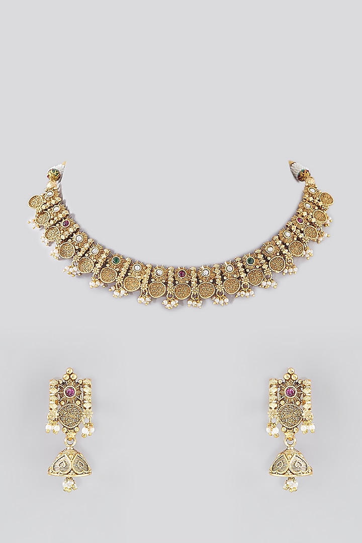Gold Finish Kundan Polki Temple Necklace Set by VASTRAA Jewellery at Pernia's Pop Up Shop