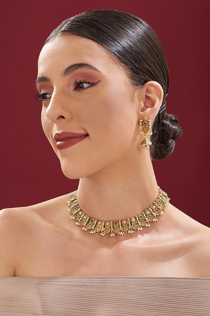 Gold Finish Kundan Polki Temple Necklace Set by VASTRAA Jewellery at Pernia's Pop Up Shop