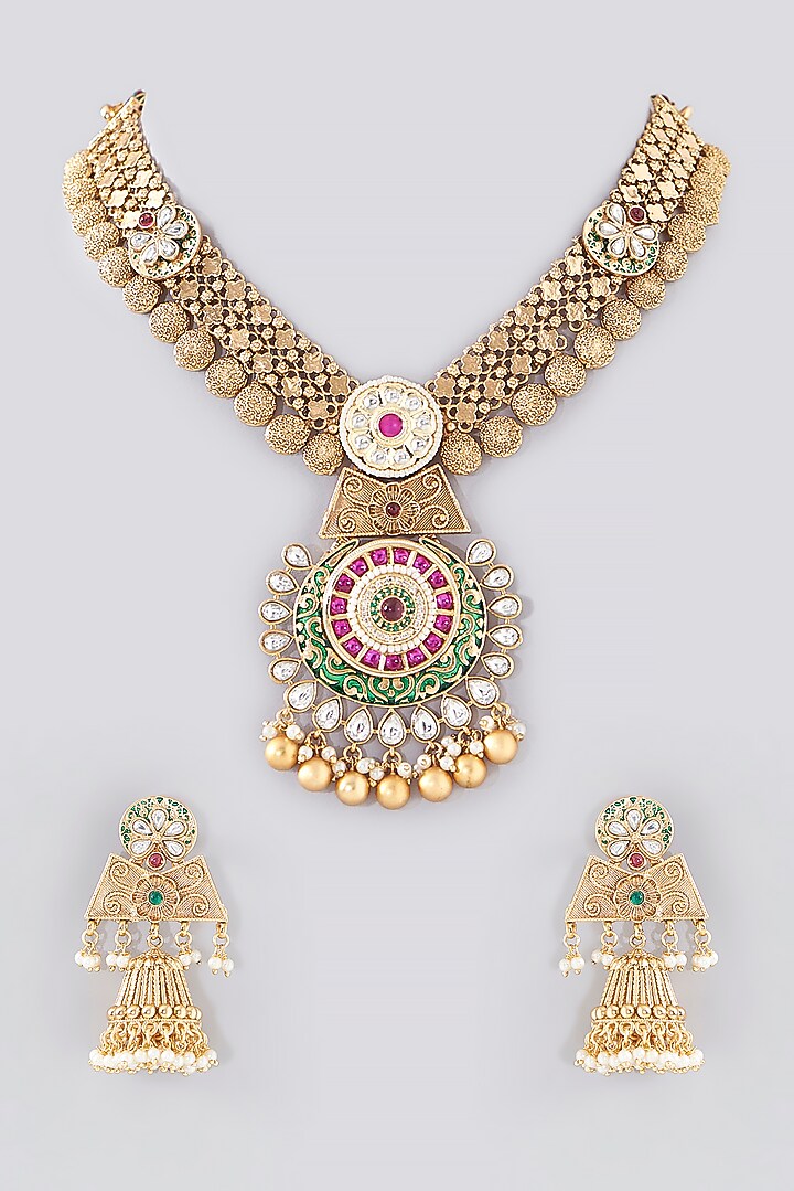 Gold Finish Kundan Polki Temple Necklace Set by VASTRAA Jewellery at Pernia's Pop Up Shop