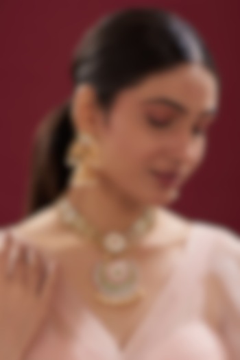 Gold Finish Kundan Polki Temple Necklace Set by VASTRAA Jewellery at Pernia's Pop Up Shop