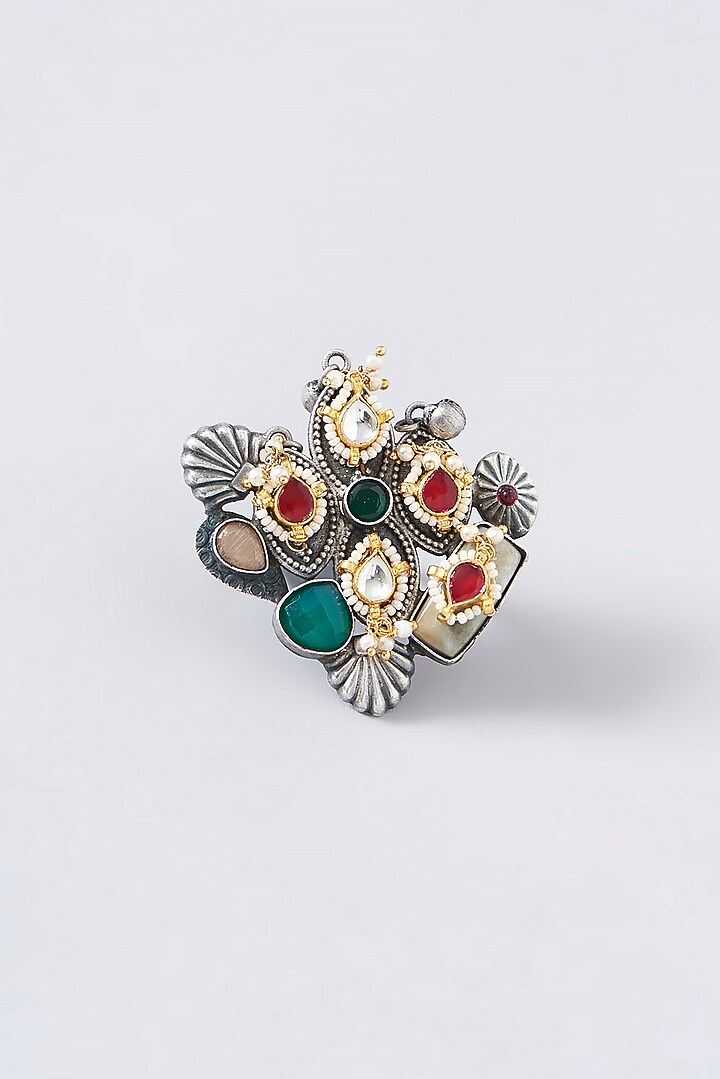 Black Rhodium Finish Multi-Colored Stone Ring by VASTRAA Jewellery at Pernia's Pop Up Shop