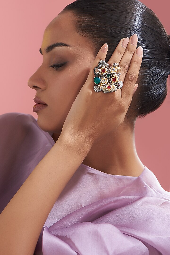Black Rhodium Finish Multi-Colored Stone Ring by VASTRAA Jewellery at Pernia's Pop Up Shop