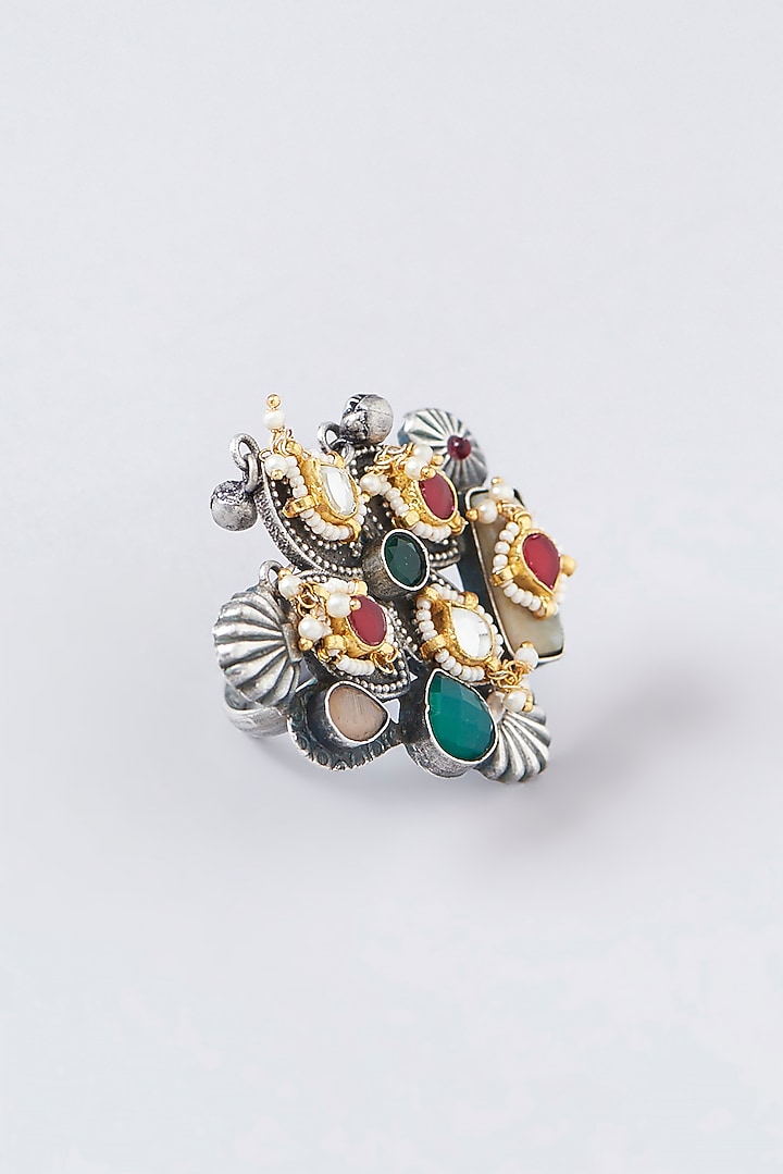Black Rhodium Finish Multi-Colored Stone Ring by VASTRAA Jewellery at Pernia's Pop Up Shop
