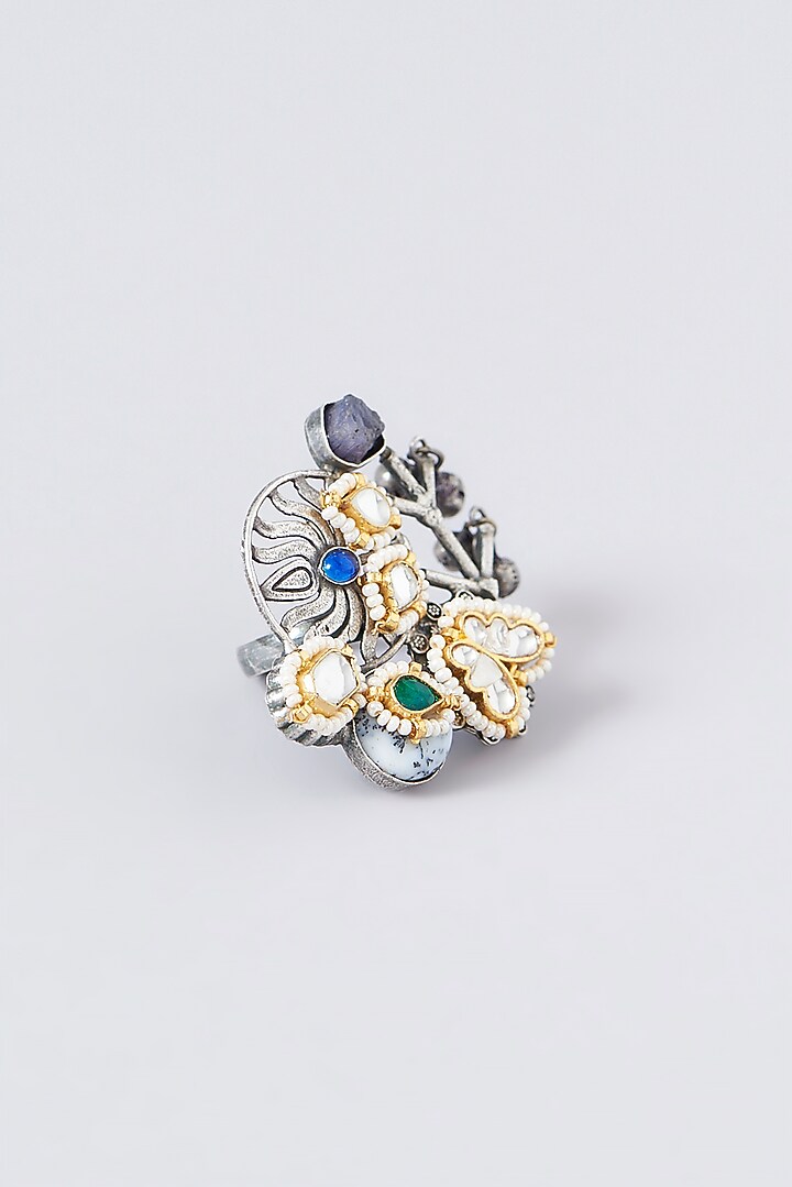 Black Rhodium Finish Multi-Colored Stone Ring by VASTRAA Jewellery at Pernia's Pop Up Shop