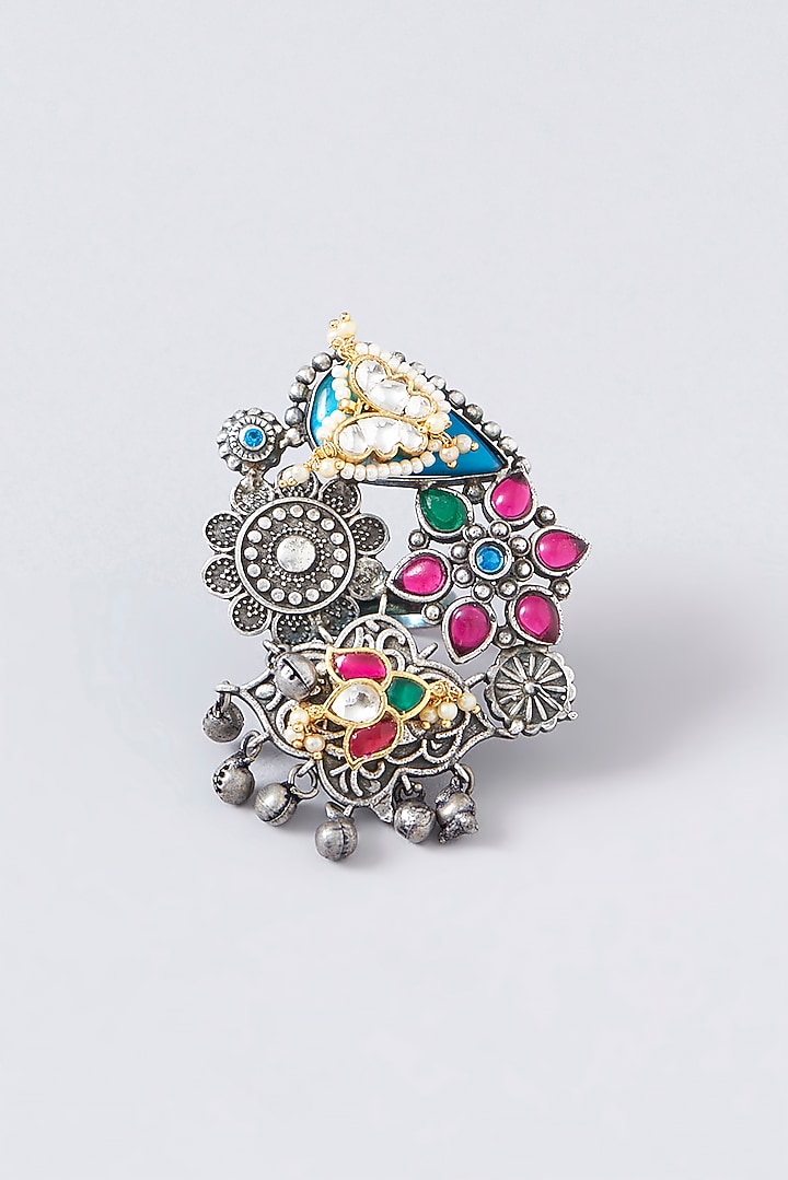 Black Rhodium Finish Multi-Colored Stone Ring by VASTRAA Jewellery at Pernia's Pop Up Shop