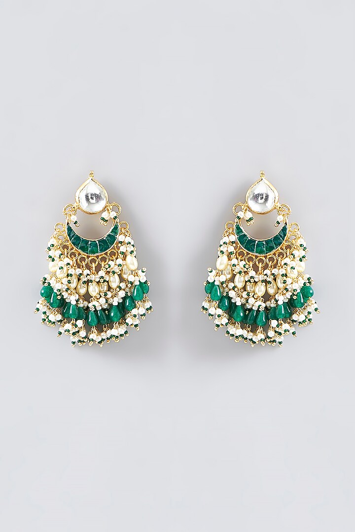 Gold Finish Kundan Polki & Green Stone Dangler Earrings by VASTRAA Jewellery at Pernia's Pop Up Shop