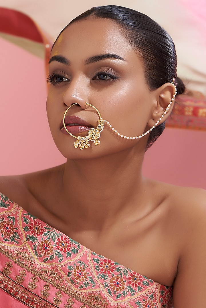 Gold Finish Kundan Polki & Pearl Nose Ring by VASTRAA Jewellery