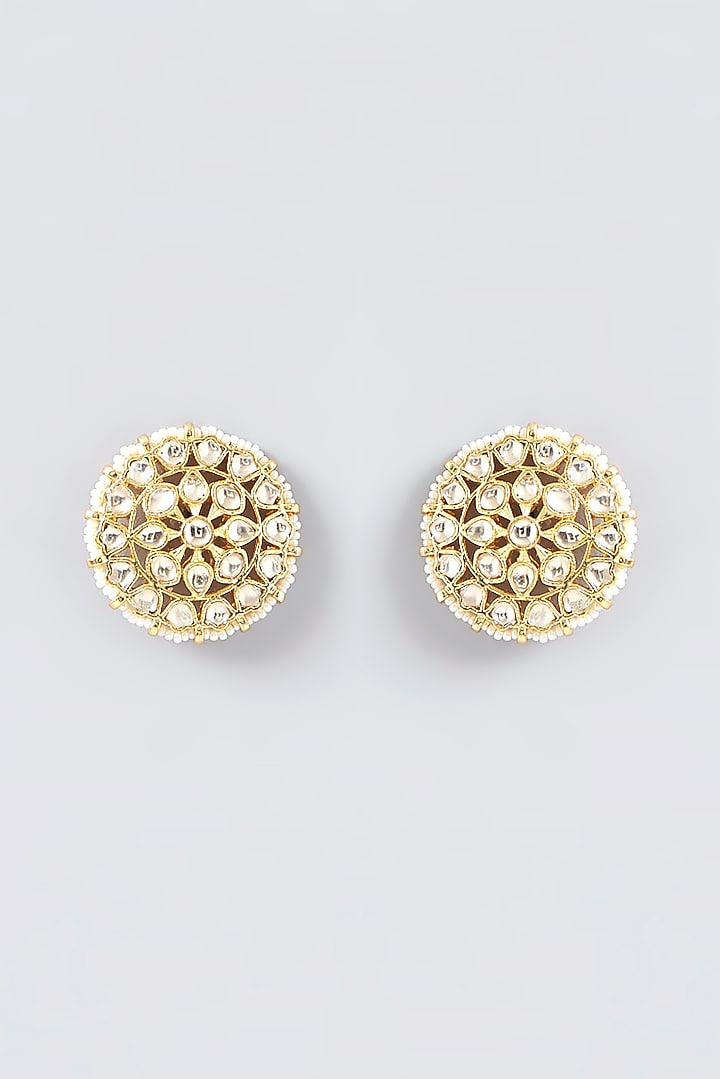 Gold Finish Kundan Polki Stud Earrings by VASTRAA Jewellery at Pernia's Pop Up Shop