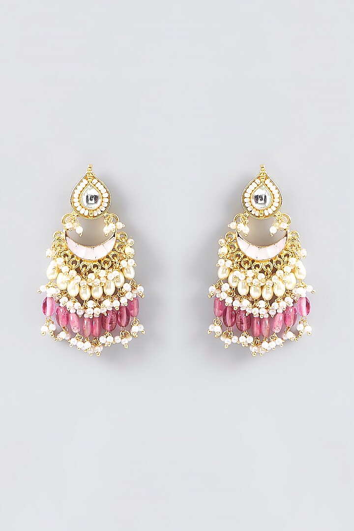 Gold Finish Kundan Polki & Red Stone Dangler Earrings by VASTRAA Jewellery at Pernia's Pop Up Shop