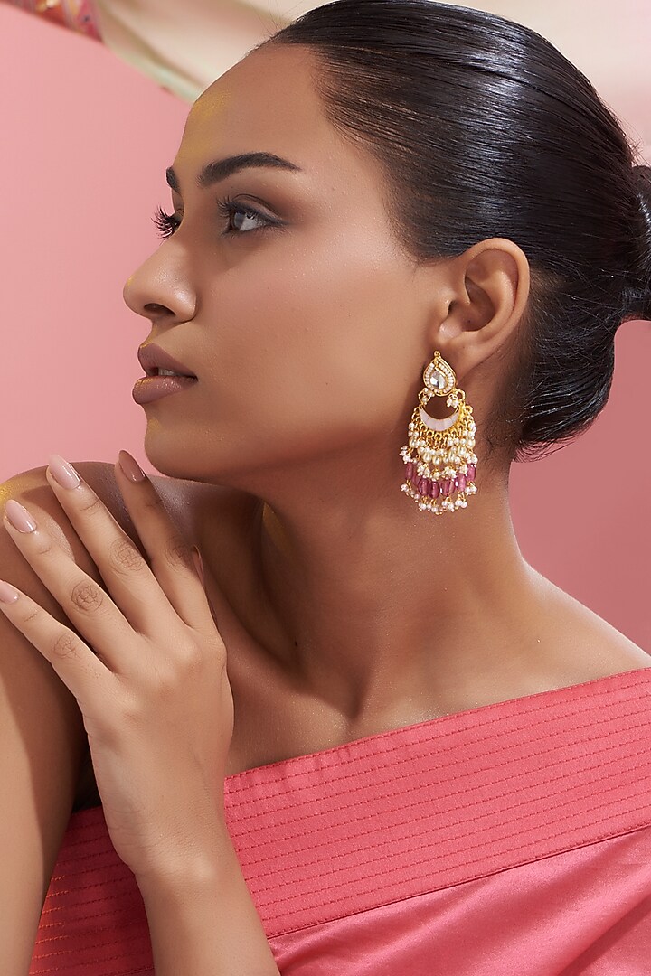 Gold Finish Kundan Polki & Red Stone Dangler Earrings by VASTRAA Jewellery at Pernia's Pop Up Shop