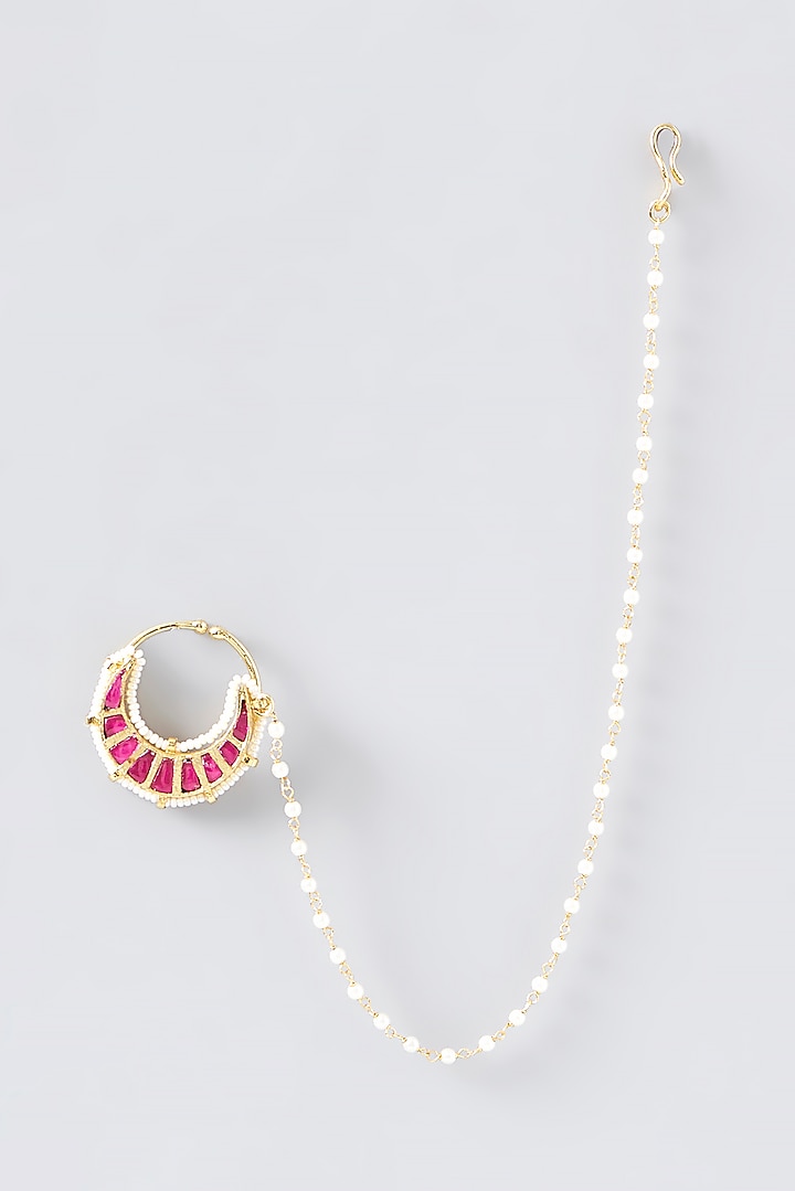 Gold Finish Red Stone & Pearl Nose Ring by VASTRAA Jewellery at Pernia's Pop Up Shop