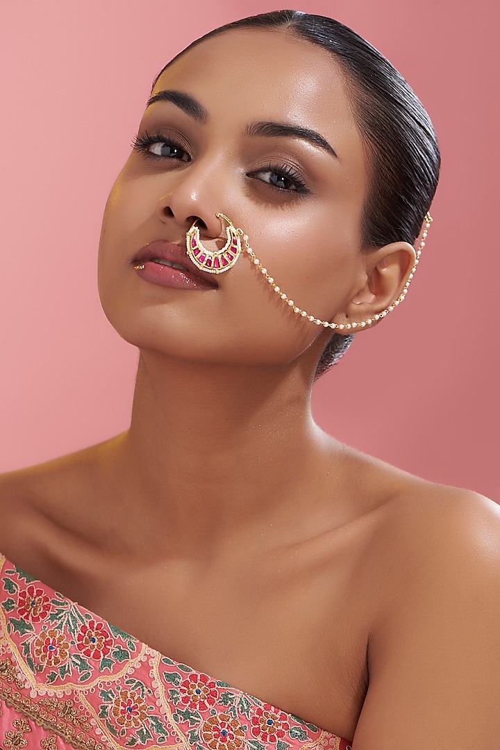 Gold Finish Red Stone & Pearl Nose Ring by VASTRAA Jewellery