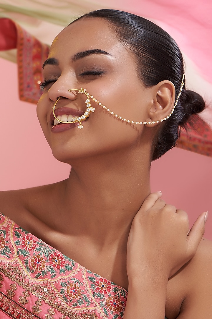 Gold Finish Pearl Nose Ring by VASTRAA Jewellery