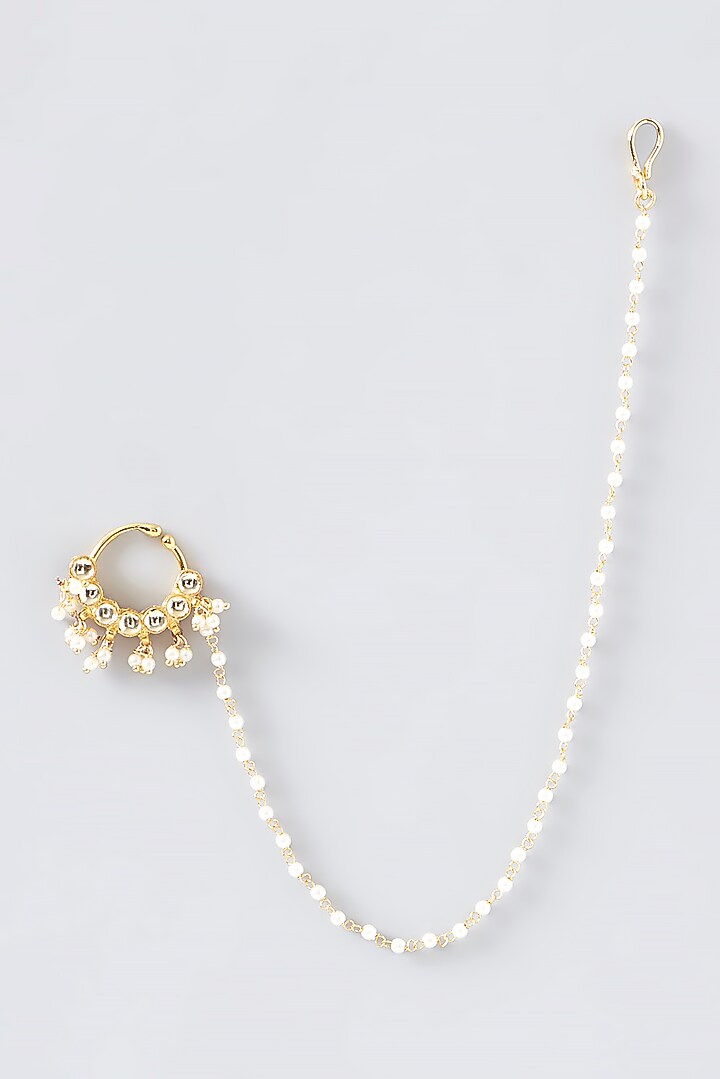 Gold Finish Kundan Polki & Pearl Nose Ring by VASTRAA Jewellery at Pernia's Pop Up Shop
