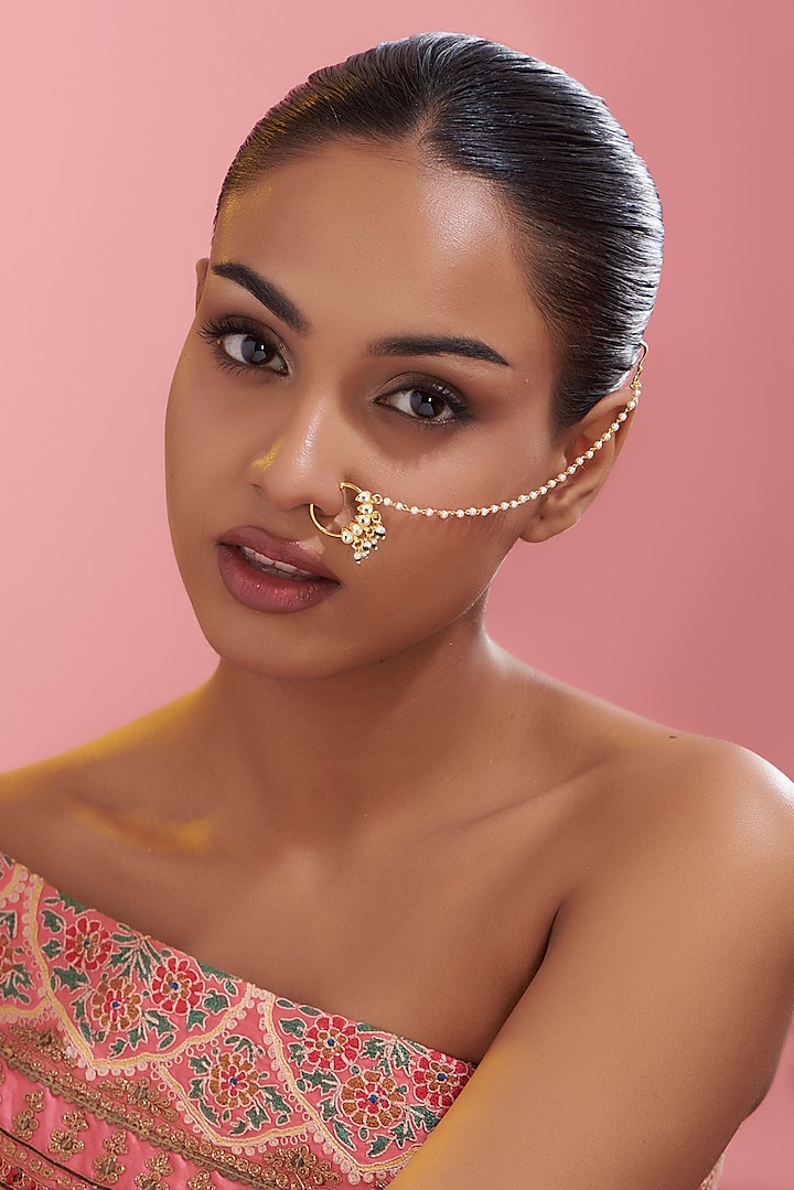 Gold Finish Pearl Nose Ring by VASTRAA Jewellery
