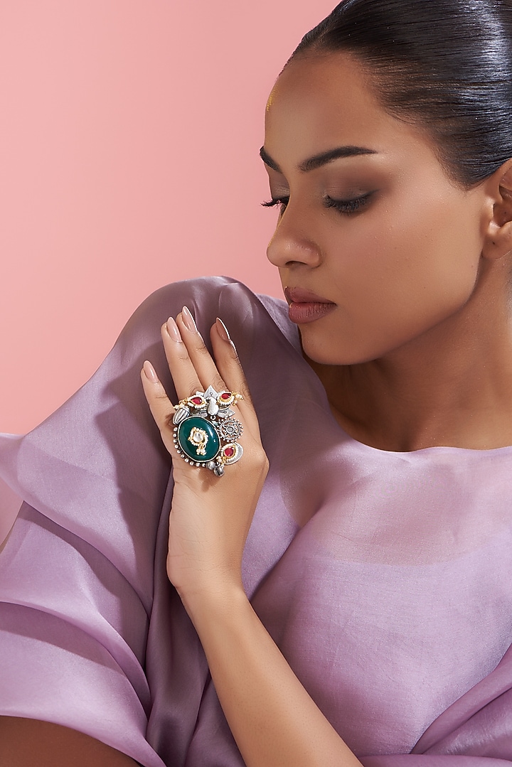 Black Rhodium Finish Multi-Colored Stone Ring by VASTRAA Jewellery at Pernia's Pop Up Shop