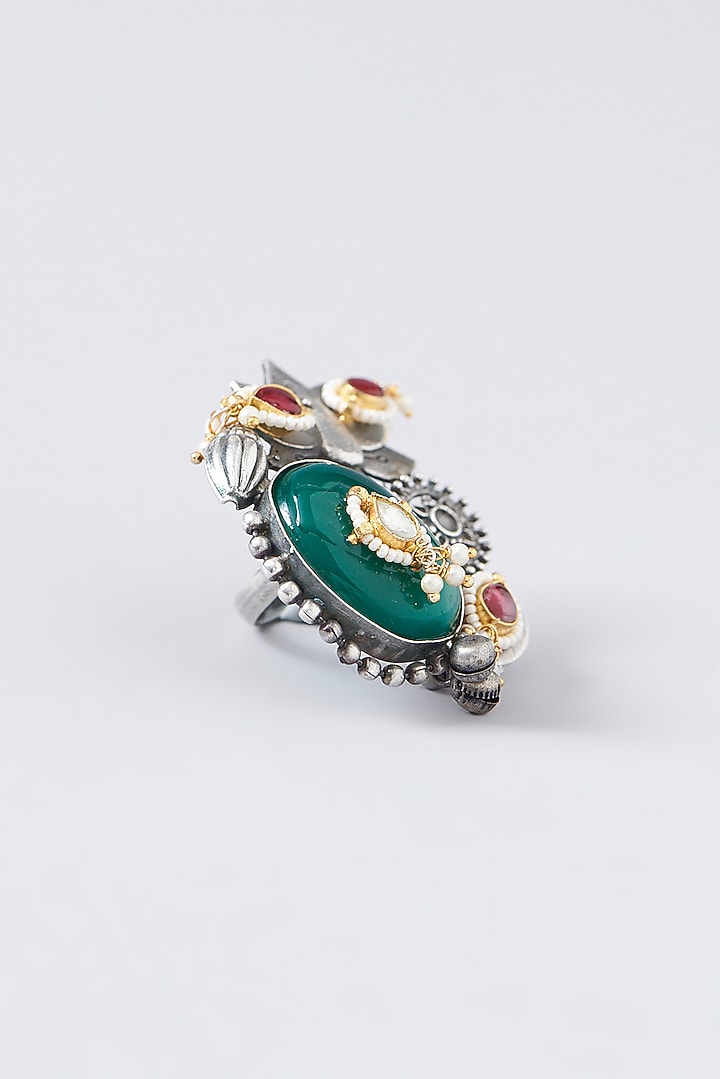 Black Rhodium Finish Multi-Colored Stone Ring by VASTRAA Jewellery at Pernia's Pop Up Shop