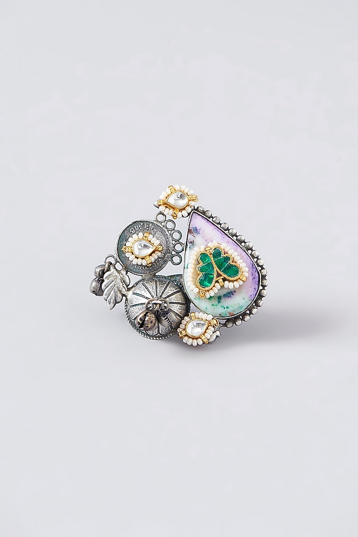 Black Rhodium Finish Multi-Colored Stone Ring by VASTRAA Jewellery at Pernia's Pop Up Shop