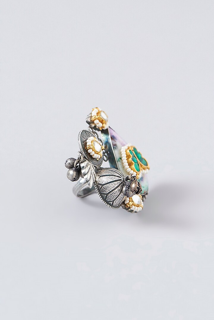 Black Rhodium Finish Multi-Colored Stone Ring by VASTRAA Jewellery at Pernia's Pop Up Shop