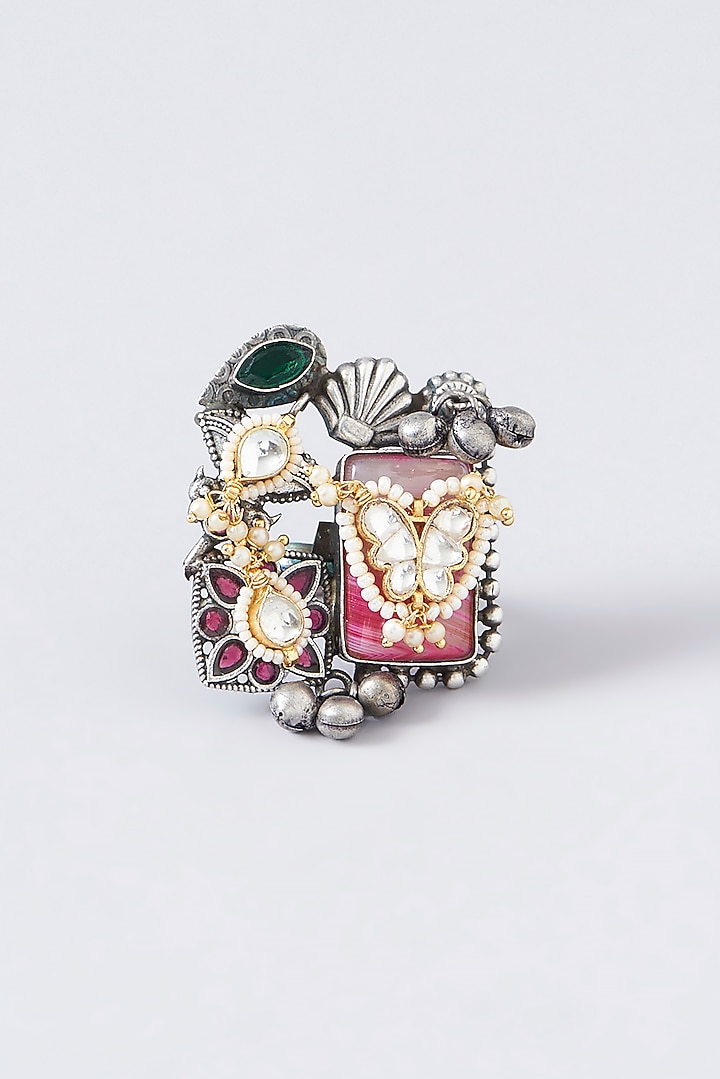 Black Rhodium Finish Multi-Colored Stone Ring by VASTRAA Jewellery at Pernia's Pop Up Shop