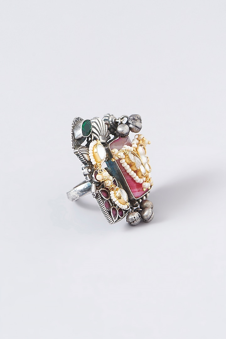 Black Rhodium Finish Multi-Colored Stone Ring by VASTRAA Jewellery at Pernia's Pop Up Shop
