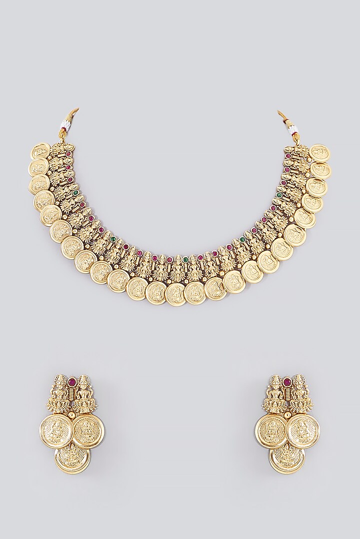 Gold Finish Kundan Polki Temple Necklace Set by VASTRAA Jewellery at Pernia's Pop Up Shop