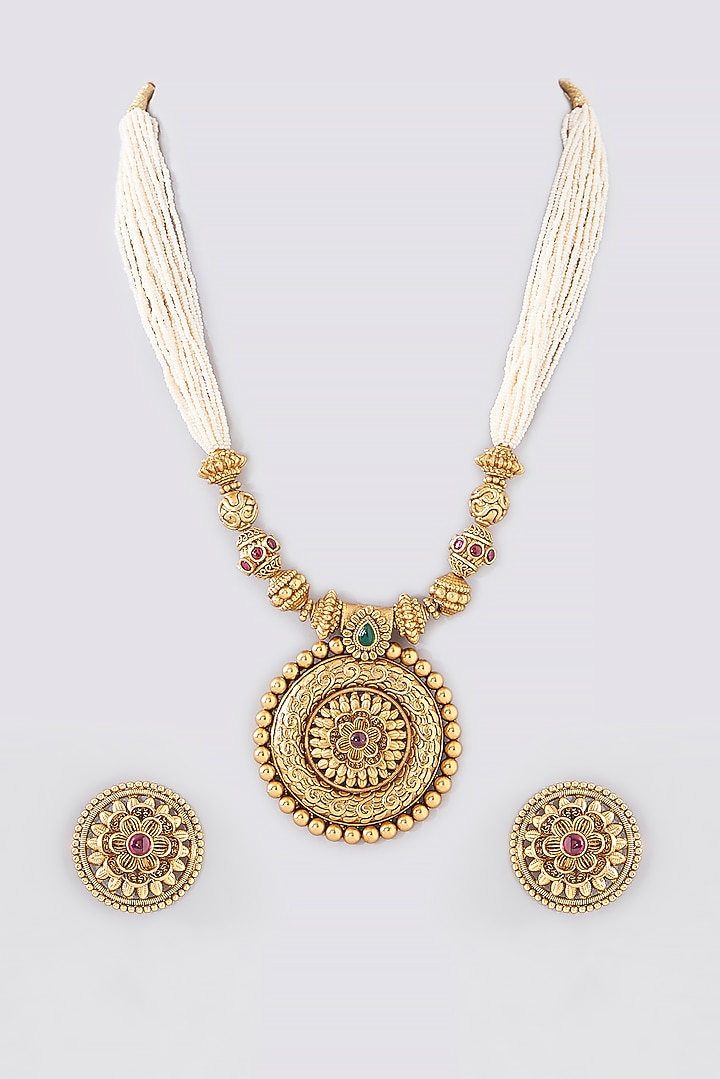 Gold Finish Kundan Polki & Pearl Long Temple Necklace Set by VASTRAA Jewellery at Pernia's Pop Up Shop
