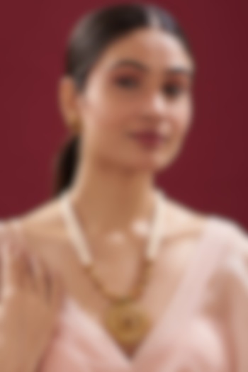 Gold Finish Kundan Polki & Pearl Long Temple Necklace Set by VASTRAA Jewellery at Pernia's Pop Up Shop
