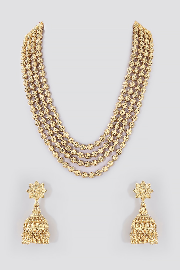 Gold Finish Temple Layered Mala Set by VASTRAA Jewellery at Pernia's Pop Up Shop