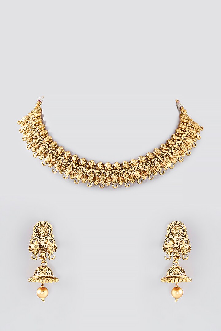 Gold Finish Kundan Polki Temple Necklace Set by VASTRAA Jewellery at Pernia's Pop Up Shop