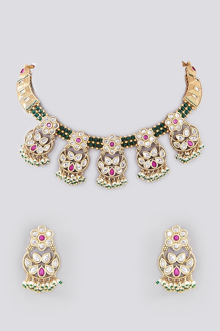 Gold Finish Kundan Polki Temple Necklace Set by VASTRAA Jewellery at Pernia's Pop Up Shop